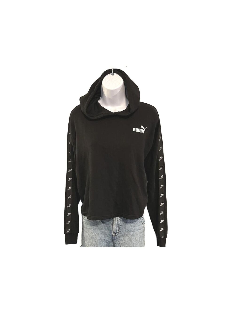 Puma Womens Black Cropped Taped Sleeve Logo Pullover Hoodie Athleisure Size S